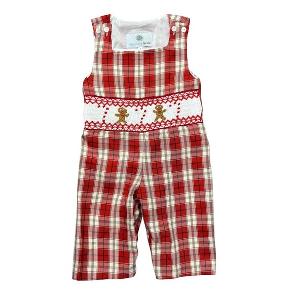 Classic Christmas Gingerbread Smocked Tartan Jon Jon - Christmas Holiday - Picture 3 of 7